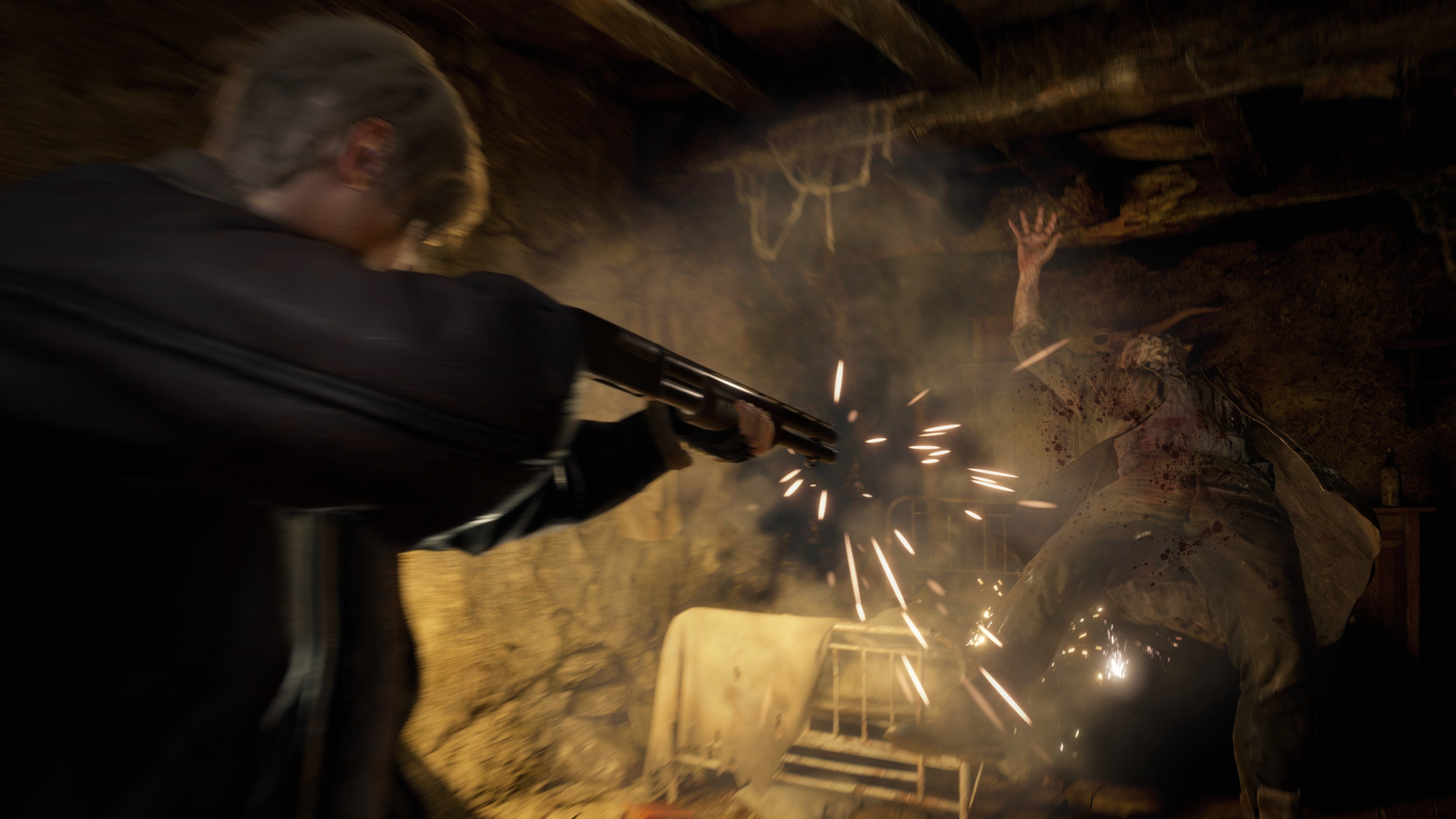 Leon Kennedy fires a shotgun at a Los Ganados in Resident Evil 4 Remake
