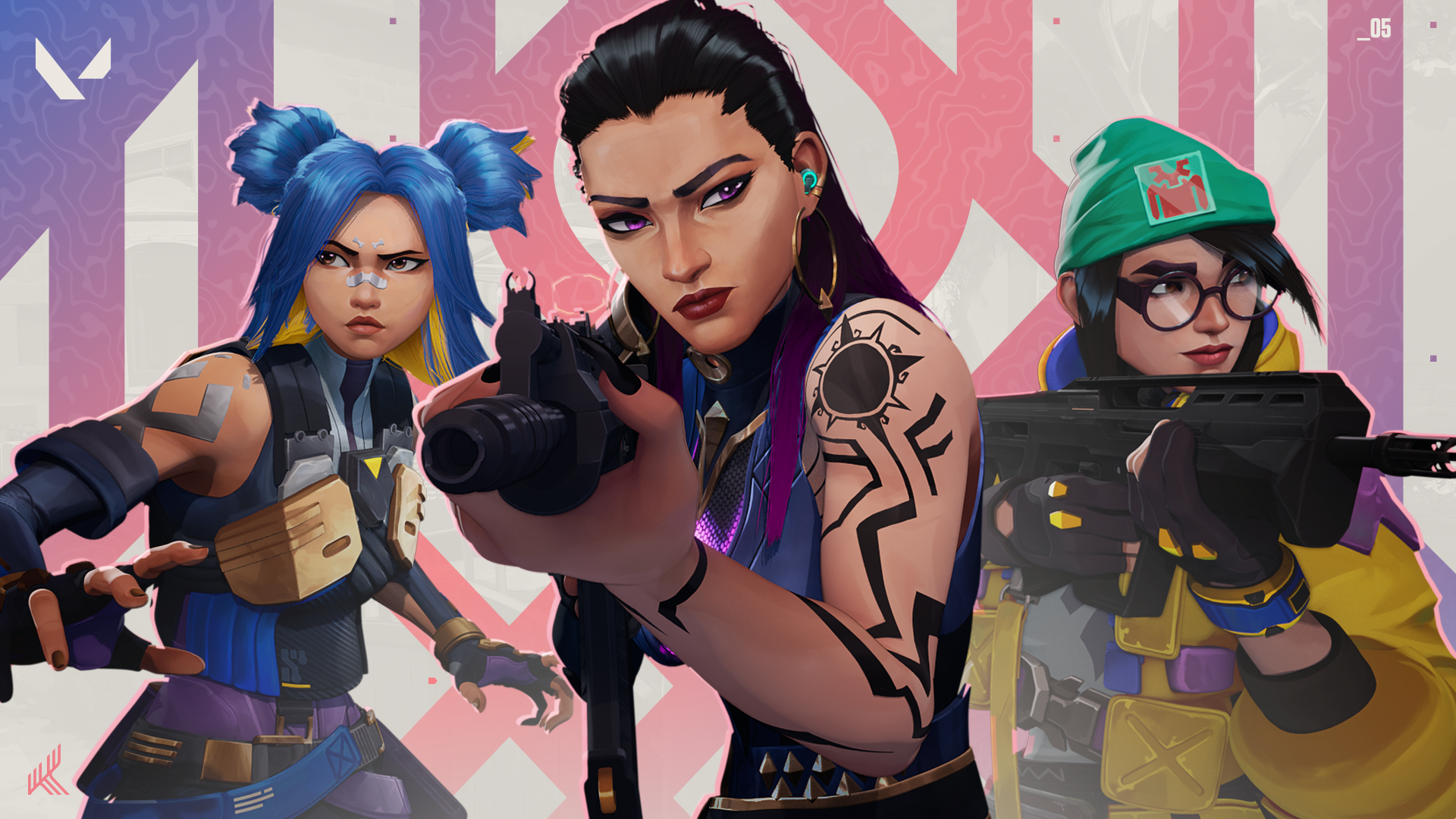 From left to right, VALORANT agents Neon, Reyna, and Killjoy can be seen.
