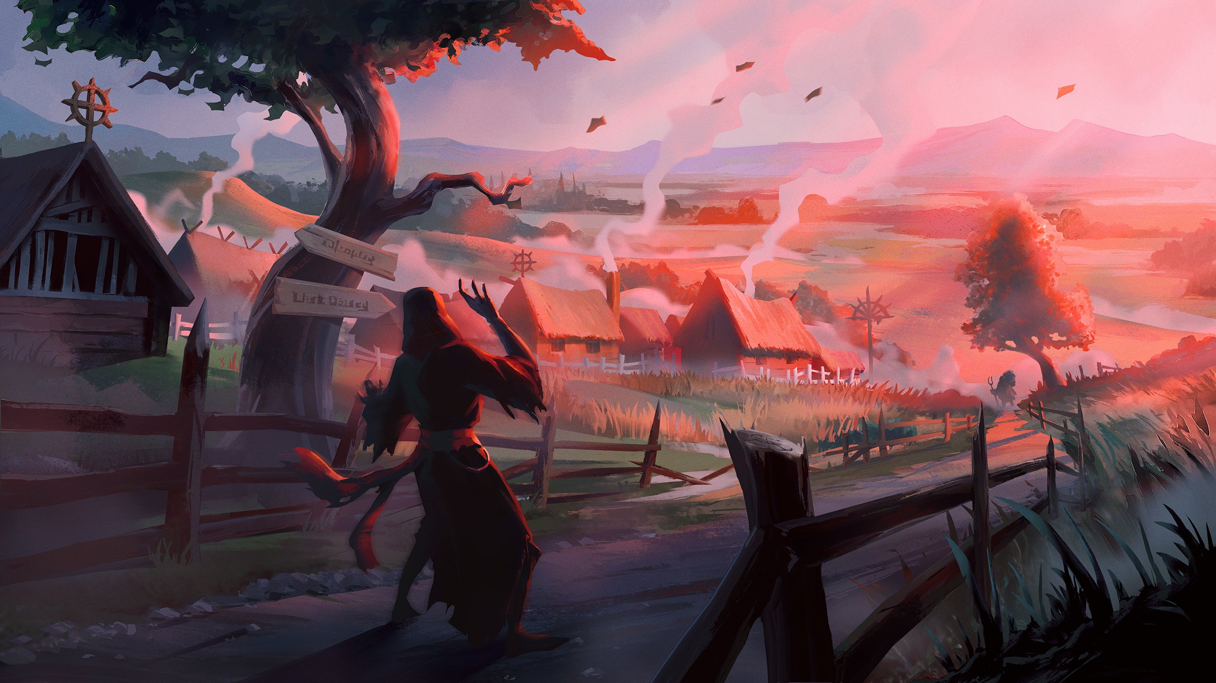 V Rising official art, a cloaked vampire is hiding in the shadows of a road, leaning away from the sunlight covering the isolated village in front of them