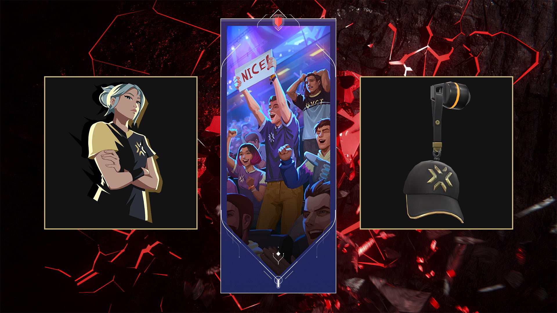 Rewards from Valorant's free Champions event pass are shown, including the Dad Hat buddy, Jett Diff Spray, and NICE! Card