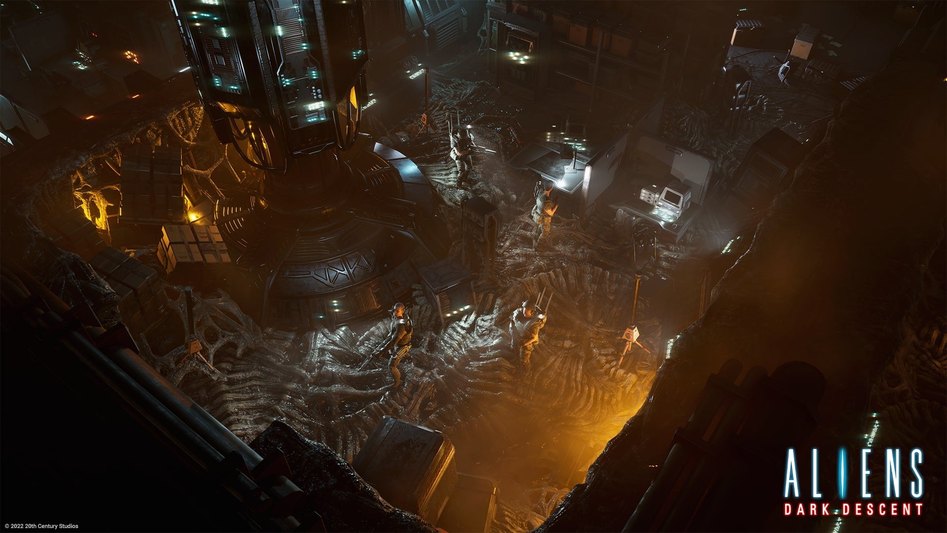 Multiple players scope out a monument-like machine covered in skeletal sprawl in Aliens: Dark Descent