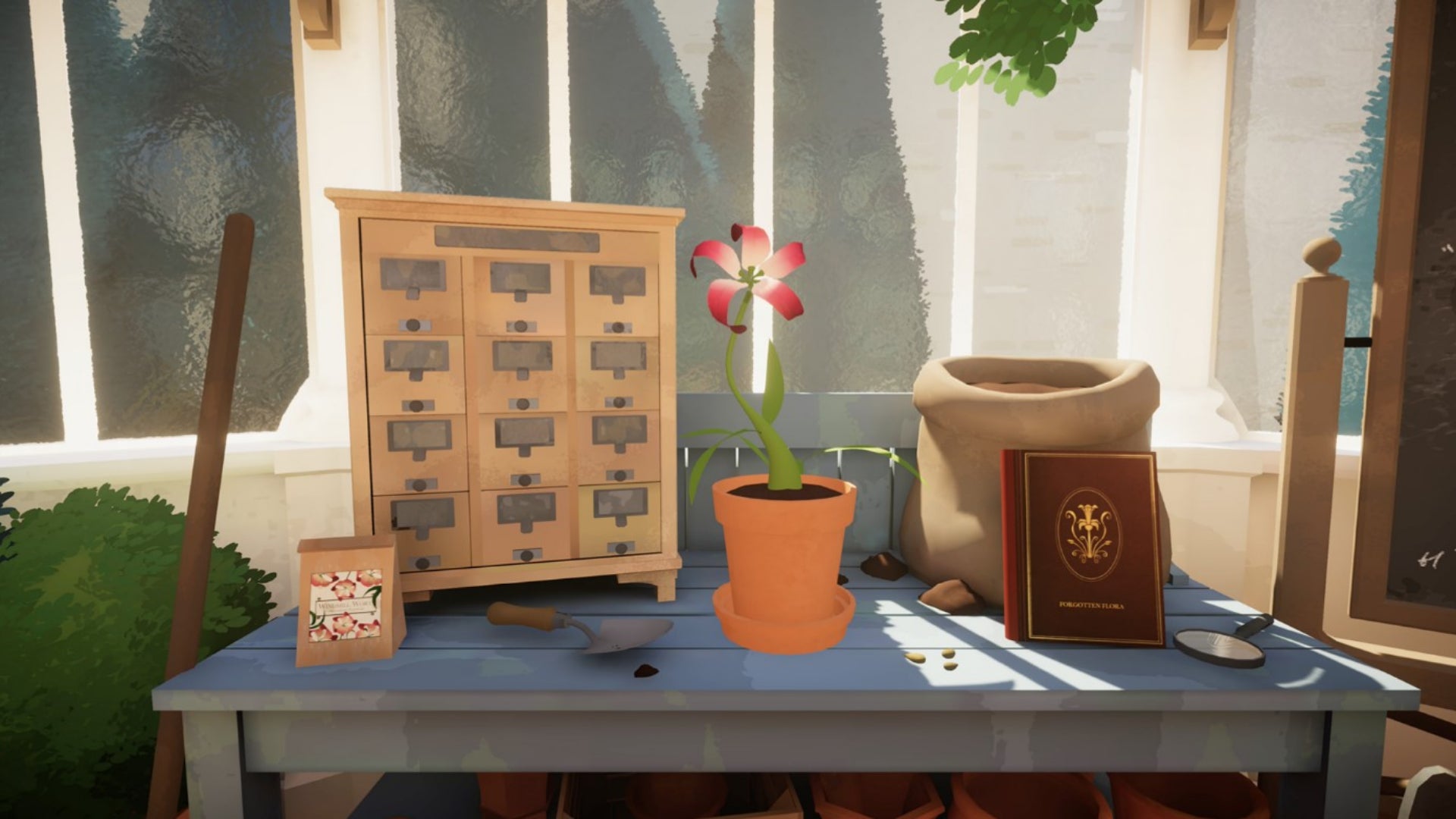 A gardening table with a flower on it in Botany Manor