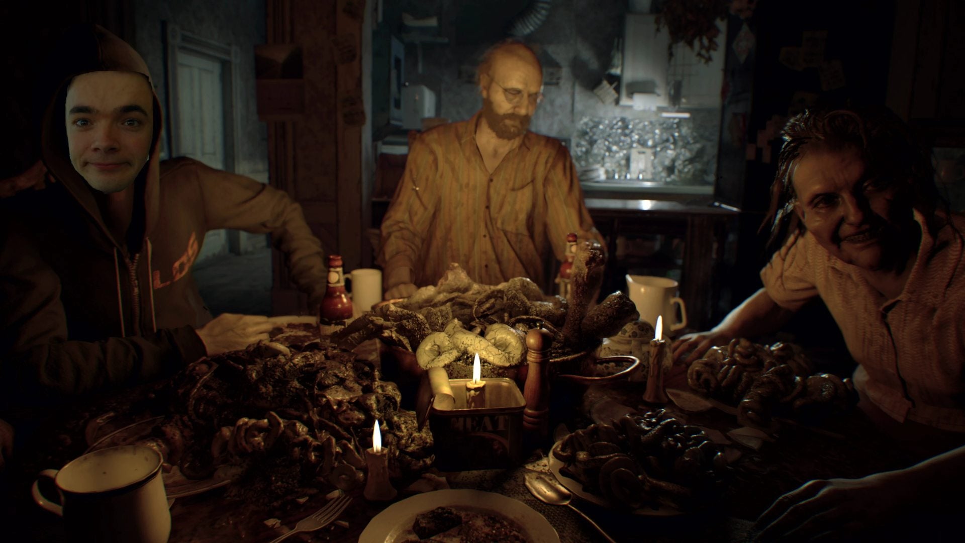 Chris Bratt em Resident Evil 7 na mesa de jantar