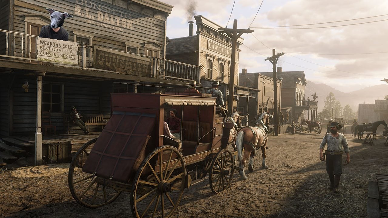 Chris Bratt with his dog's head in a scene from Red Dead Redemption 2 for use to promote the VG247 Best Games ever podcast
