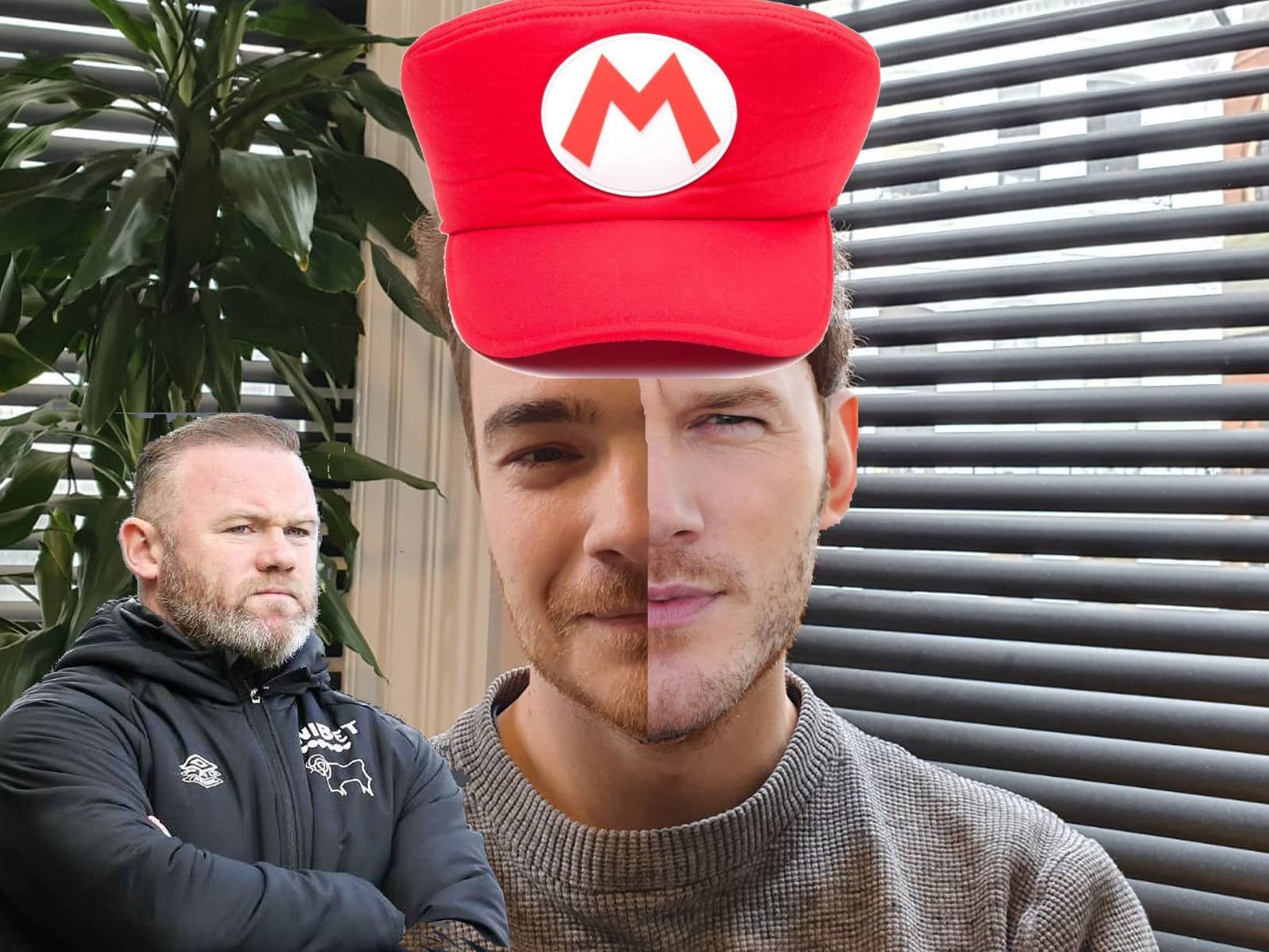 Chris Bratt from People Make Games starring as Mario while fused with Chris Pratt and being looked at by Wayne Rooney.