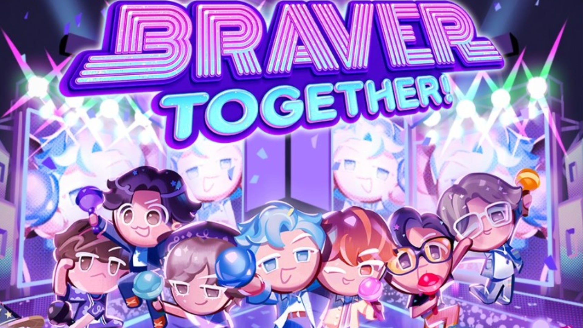 Cookie Run: Kingdom BTS Braver Together event promo art featuring all seven members of BTS on stage in their Cookie forms.