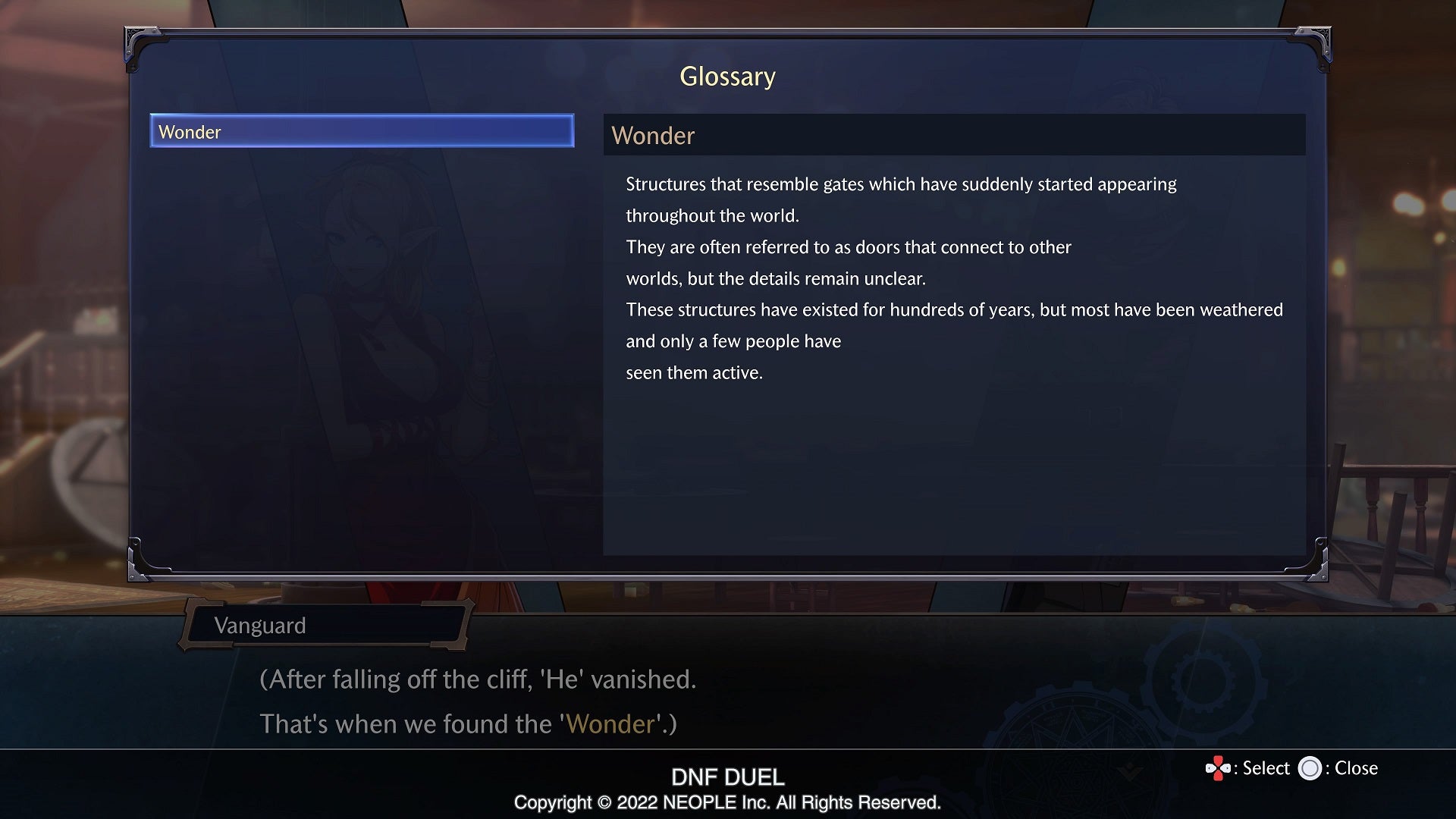 The in-game glossary in the DNF Duel story mode