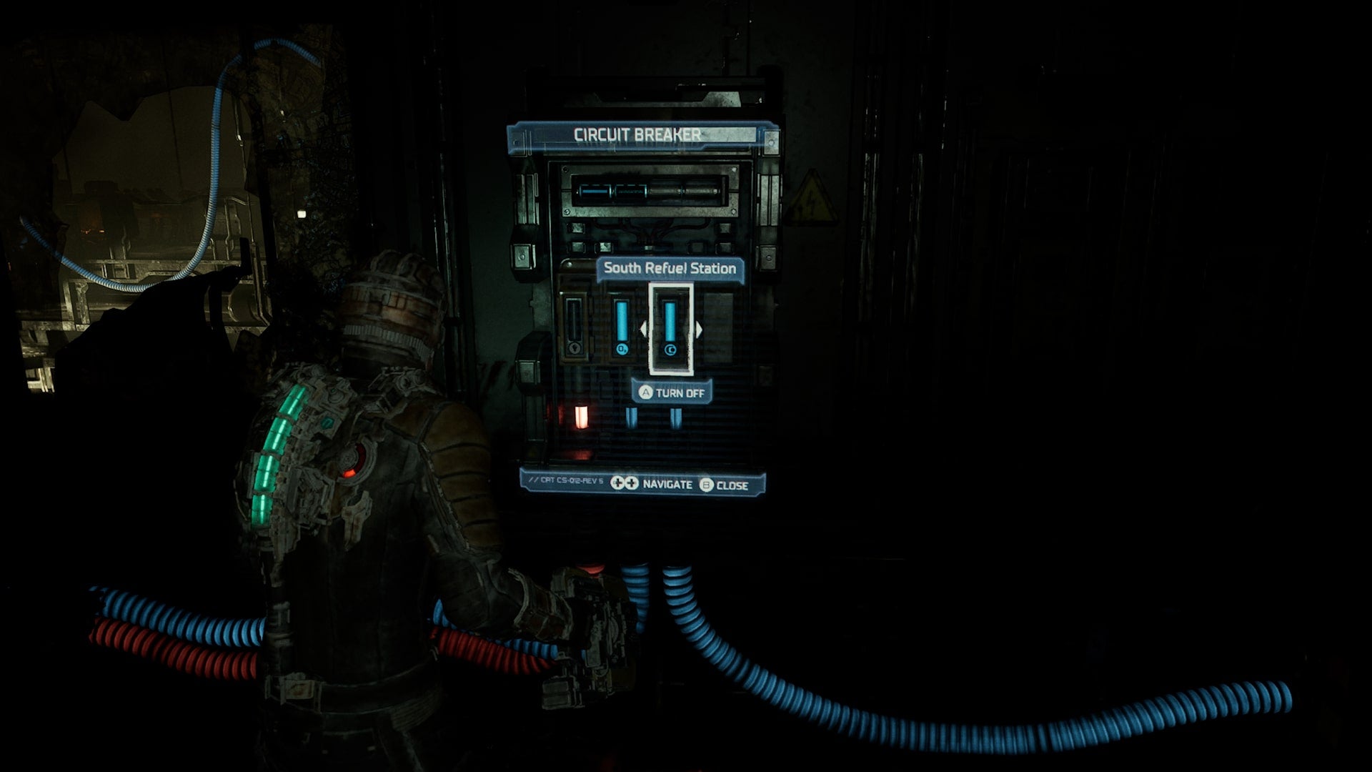 Isaac turns on the South Refuel Station using a circuit breaker in Dead Space