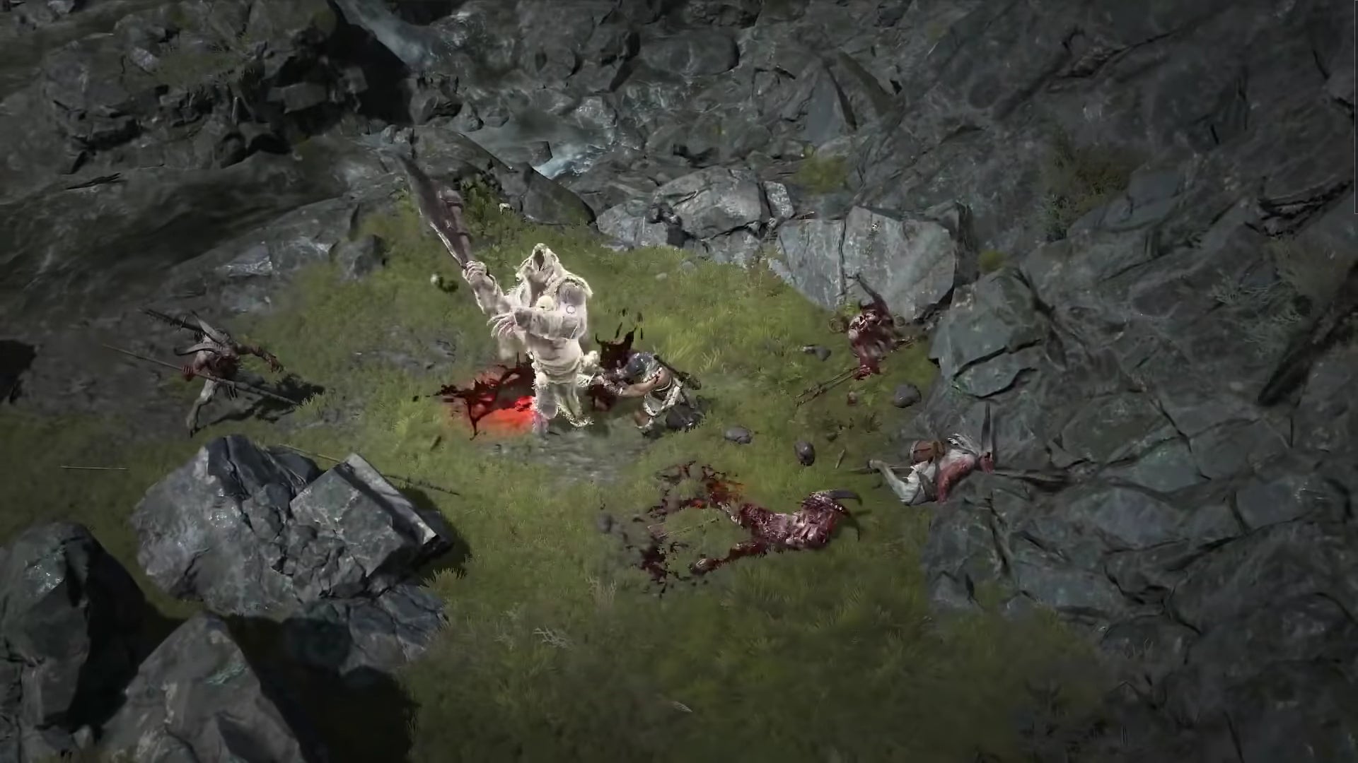 Screenshot from Diablo 4 Barbarian trailer showing the Barbarian attacking a demon.