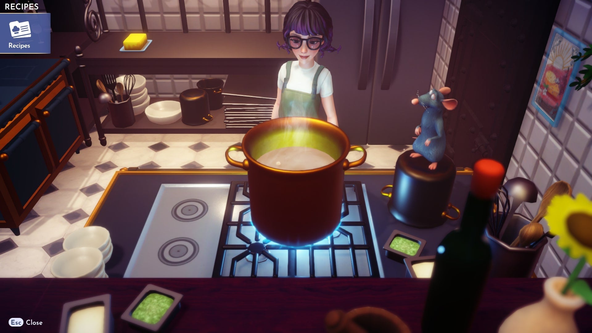 A player prepares a meal next to Remy at Chez Remy in Disney Dreamlight Valley