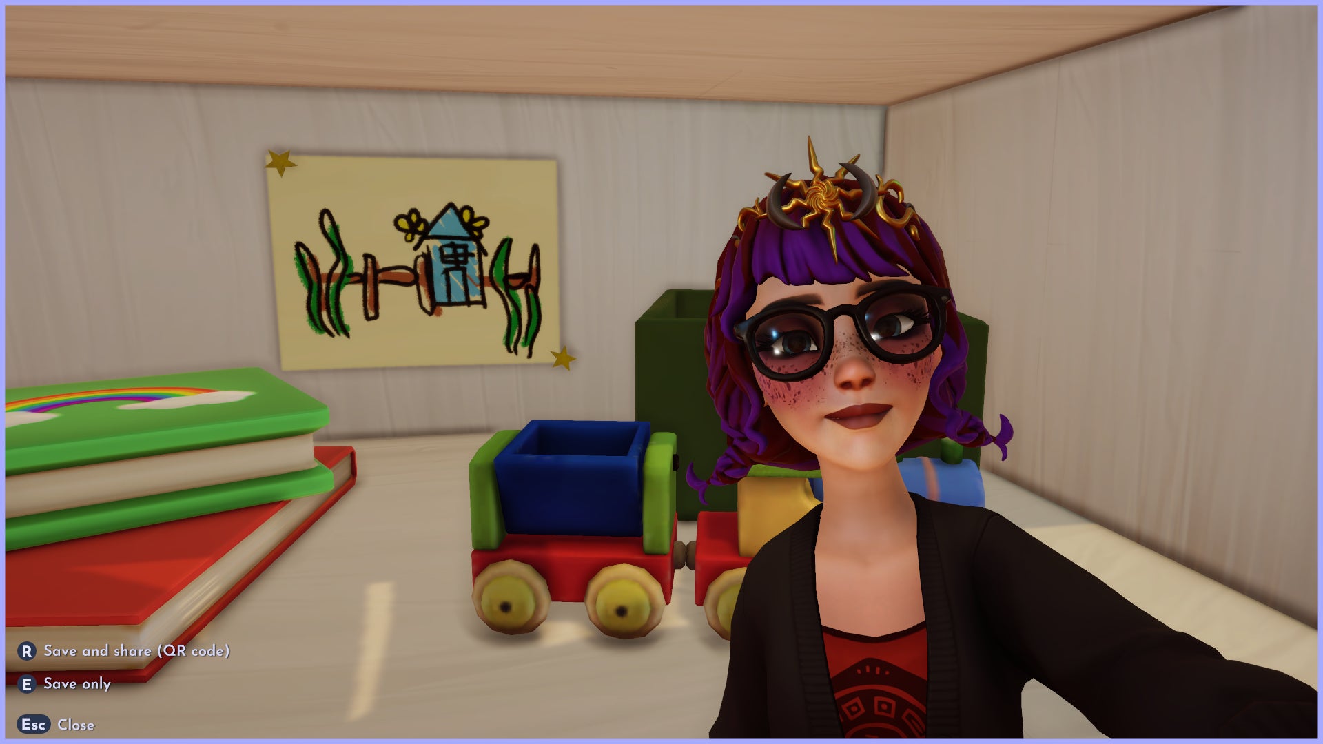 The player character is photographed next to one of Bonnie's drawings in Disney Dreamlight Valley's Toy Story realm