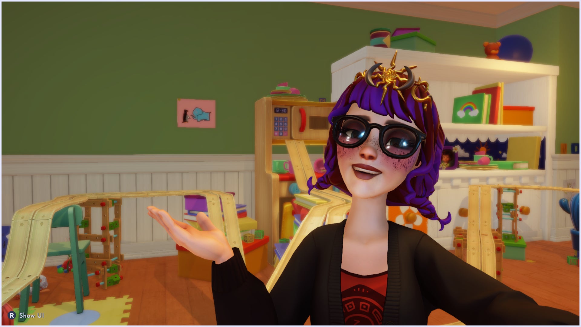 The player character is photographed next to one of Bonnie's drawings in Disney Dreamlight Valley's Toy Story realm