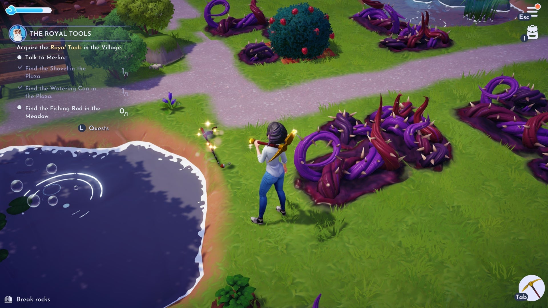 A player looks at the broken Fishing Rod Royal Tool in Peaceful Meadow of Disney Dreamlight Valley