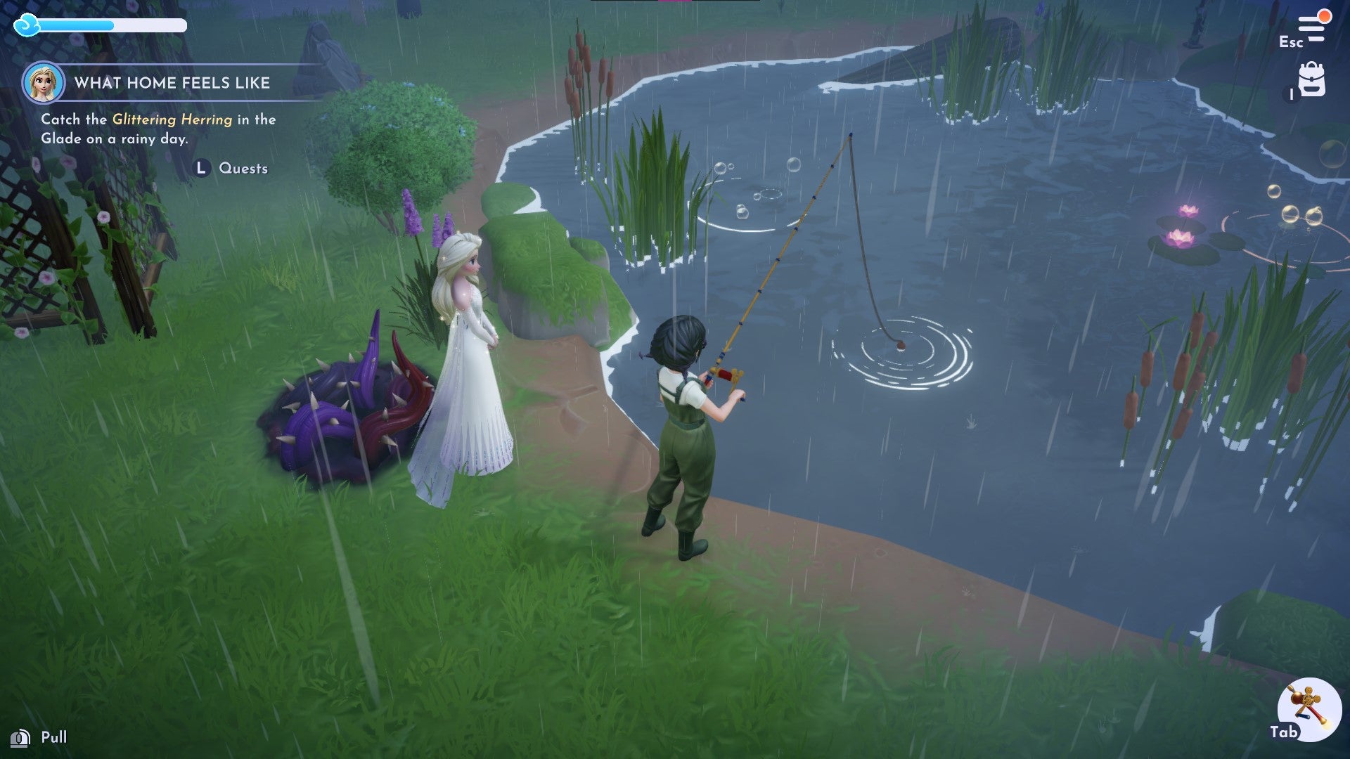 A player fishes alongside Elsa on a rainy day at Disney's Dreamlight Valley