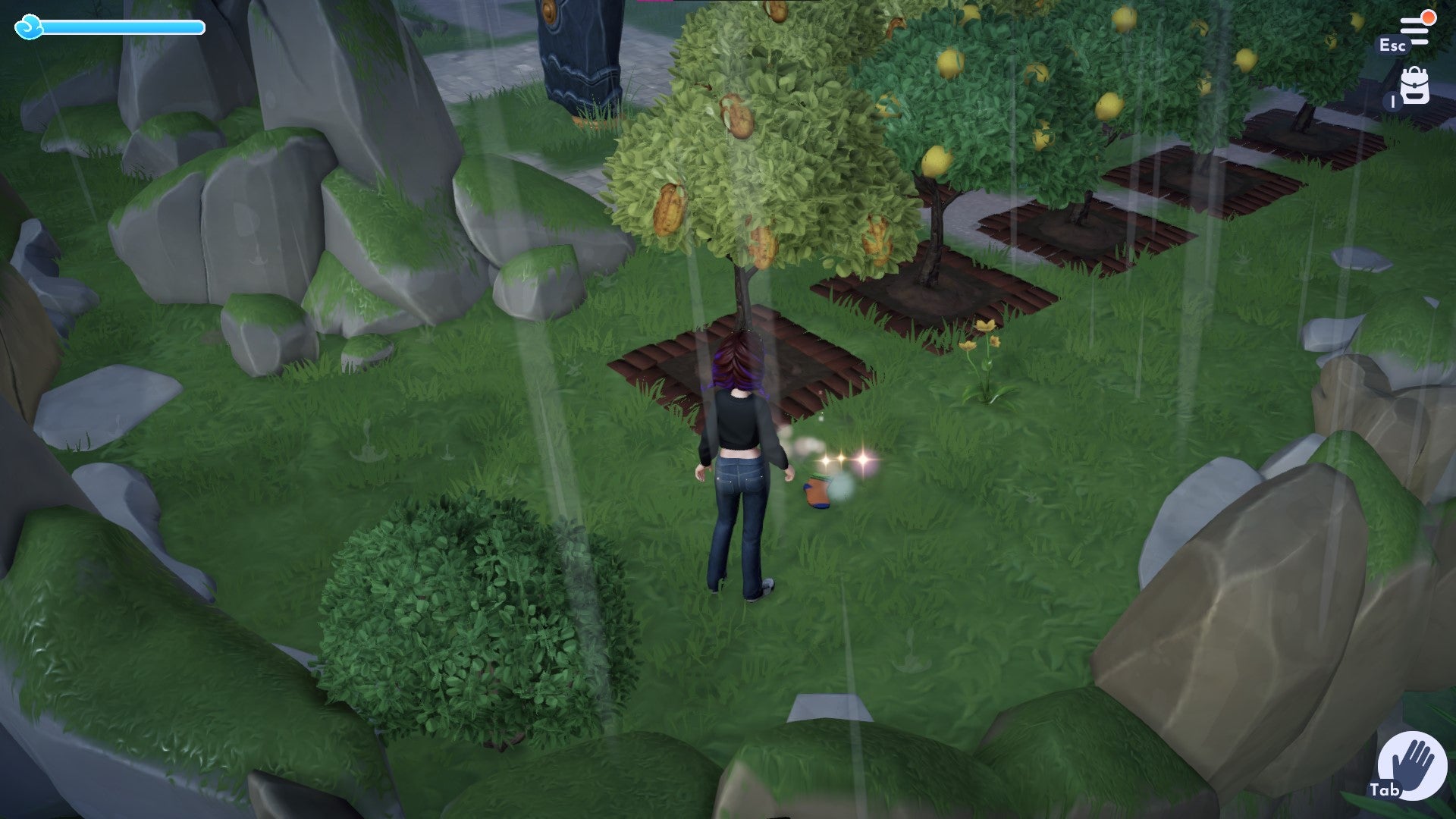 The player looks at a chewed-up sock on the floor of Peaceful Meadow in Disney Dreamlight Valley