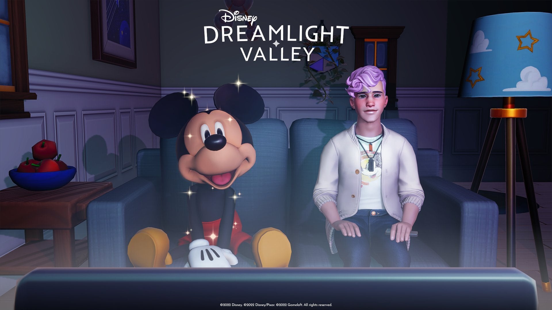 A player watches television with Mickey Mouse in Disney Dreamlight Valley