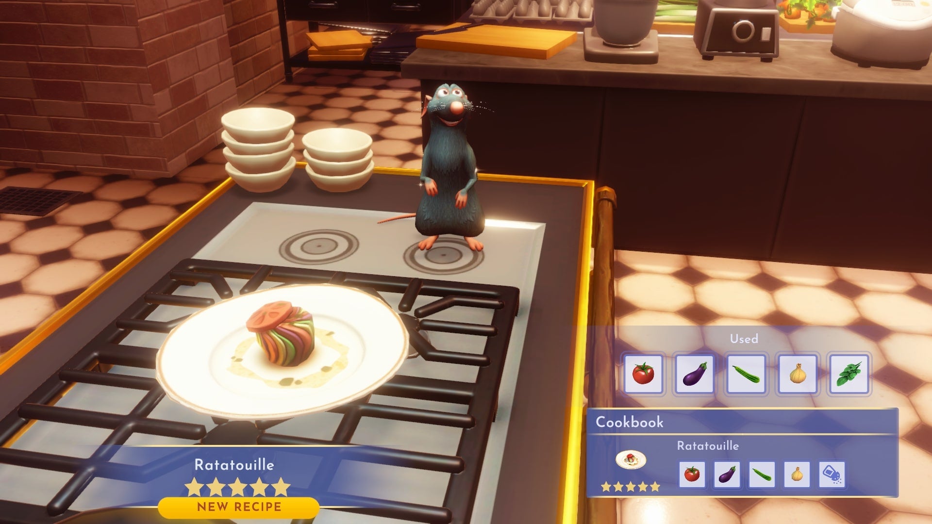 A player makes ratatouille with Remy in Disney Dreamlight Valley