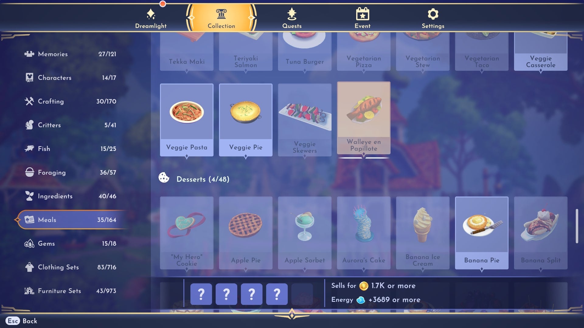Walleye en Papillote, shown in the meals section of the collection menu in Disney Dreamlight Valley