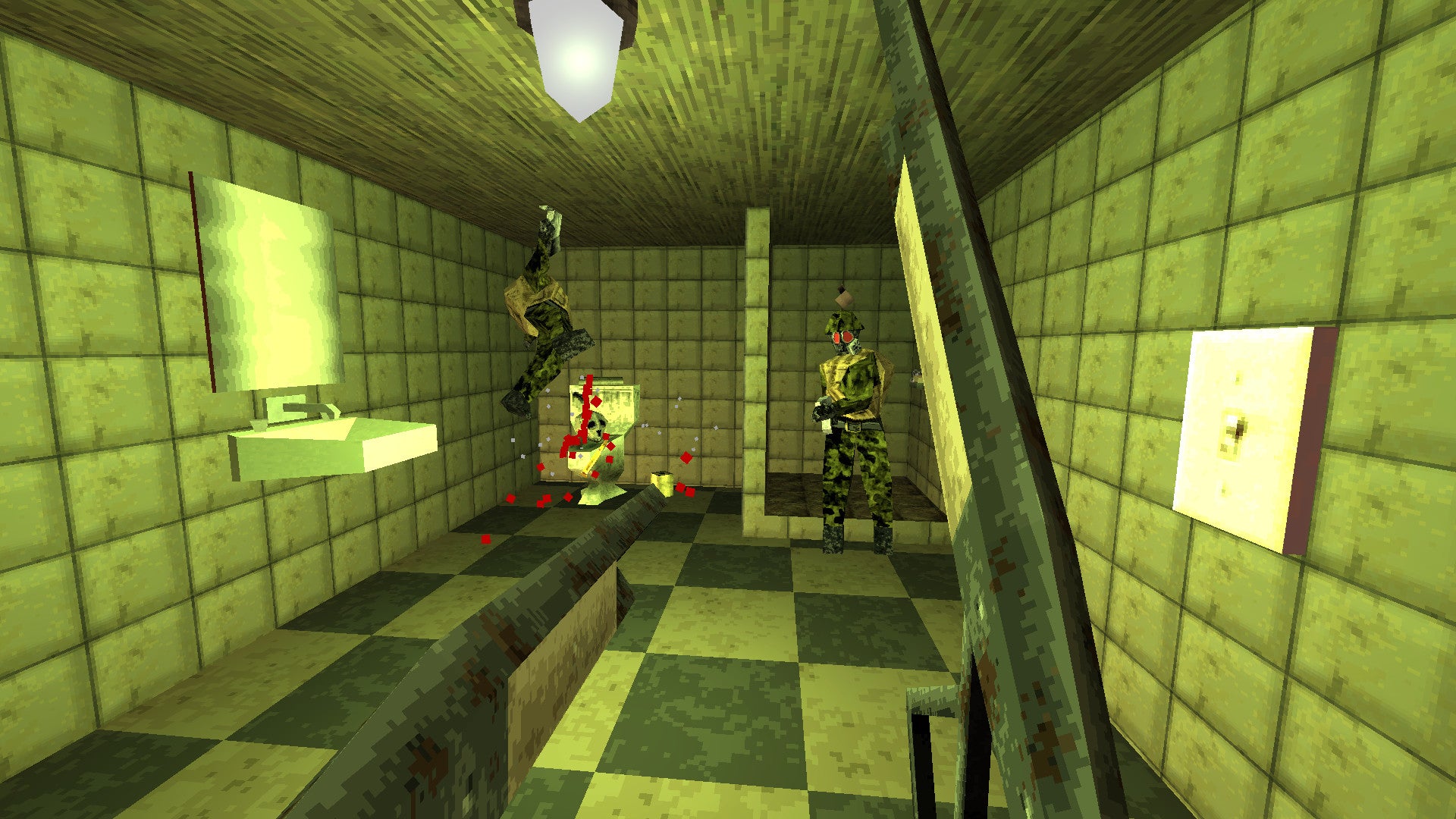 The player faces enemies in a bathroom in Dusk