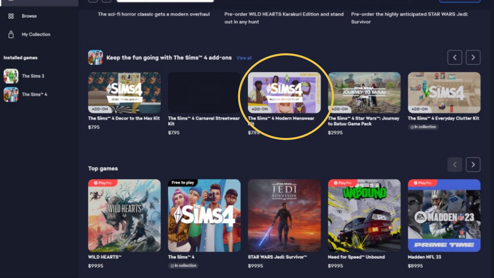 A screenshot of the EA App showing off a misplaced The Sims 4 asset