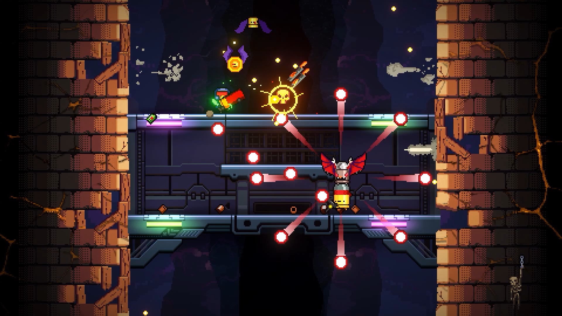 A player ascends a lift while fighting enemies in Exit the Gungeon