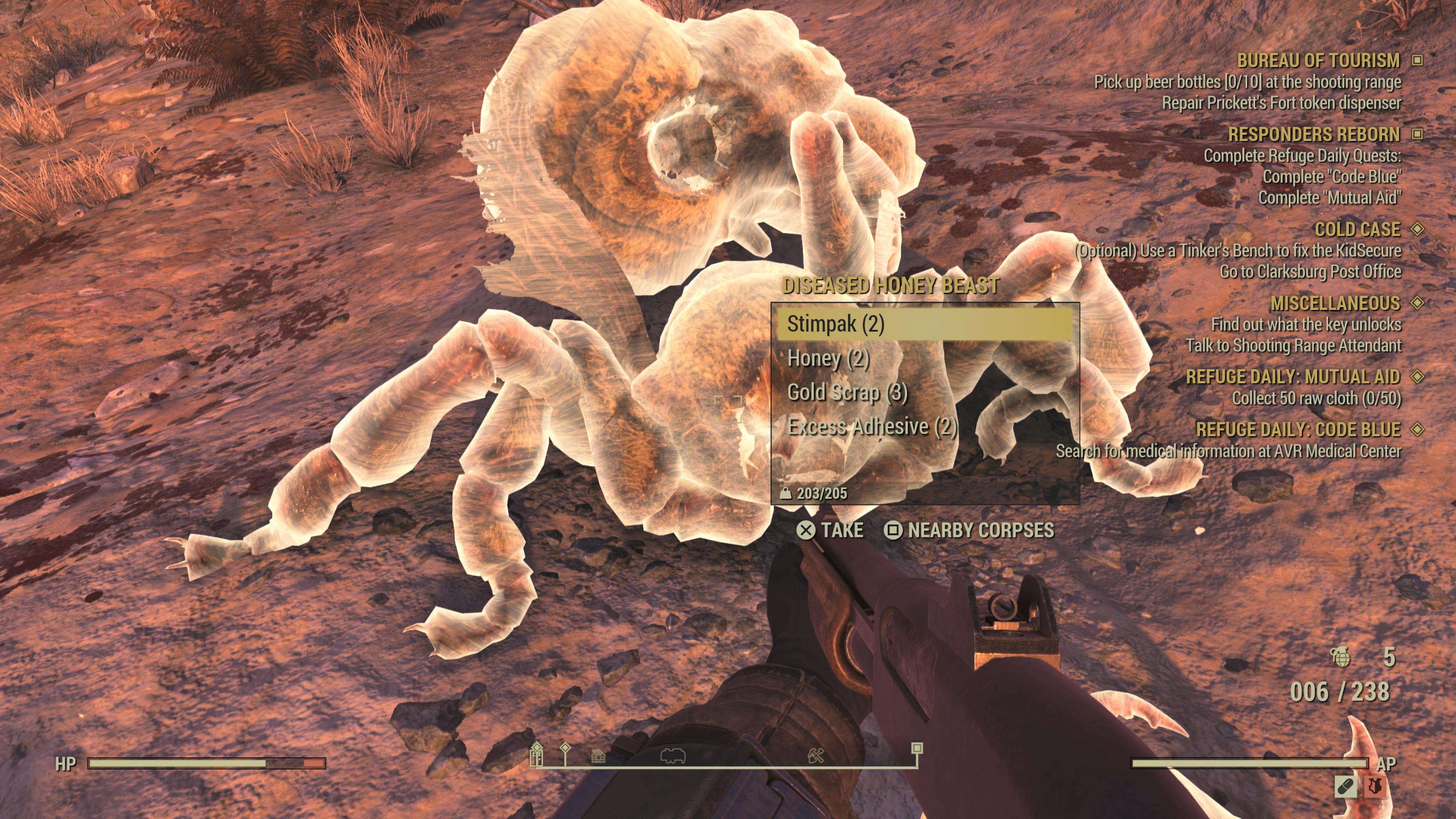 The drop inventory of a Honeybeast in Fallout 76, showing a stimpack, honey, gold scrap and excess adhesive