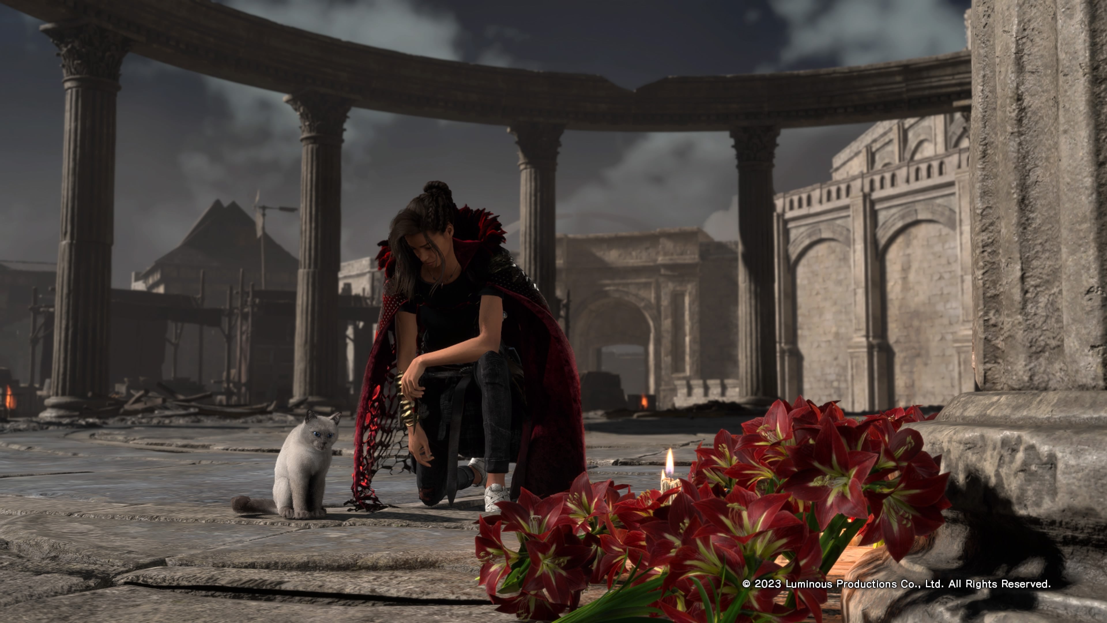 Frey petting a cat while wearing Unstoppable, one of the best cloaks in Forspoken