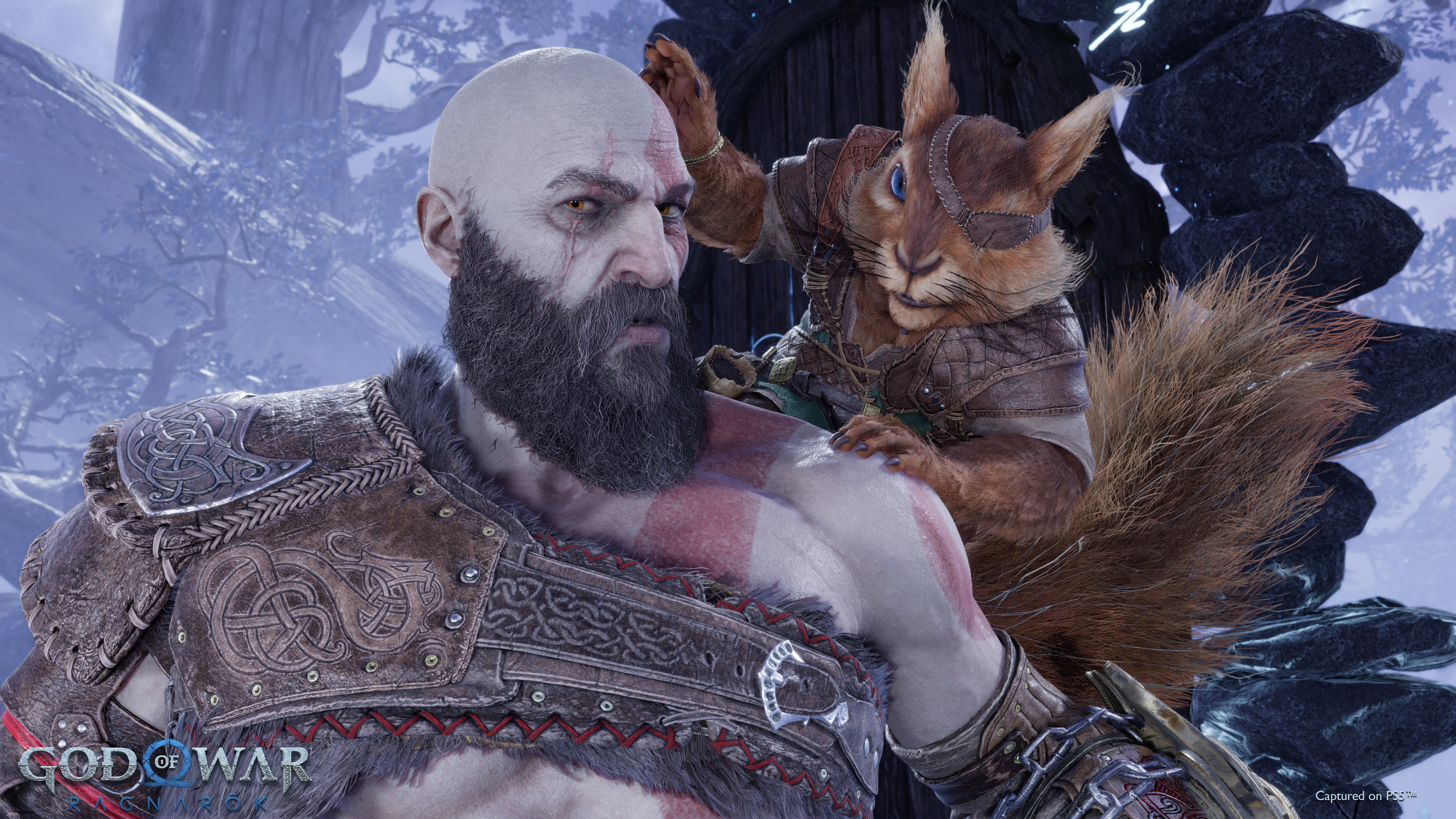 Ratatoskr sits on Kratos' shoulder in God of War Ragnarok