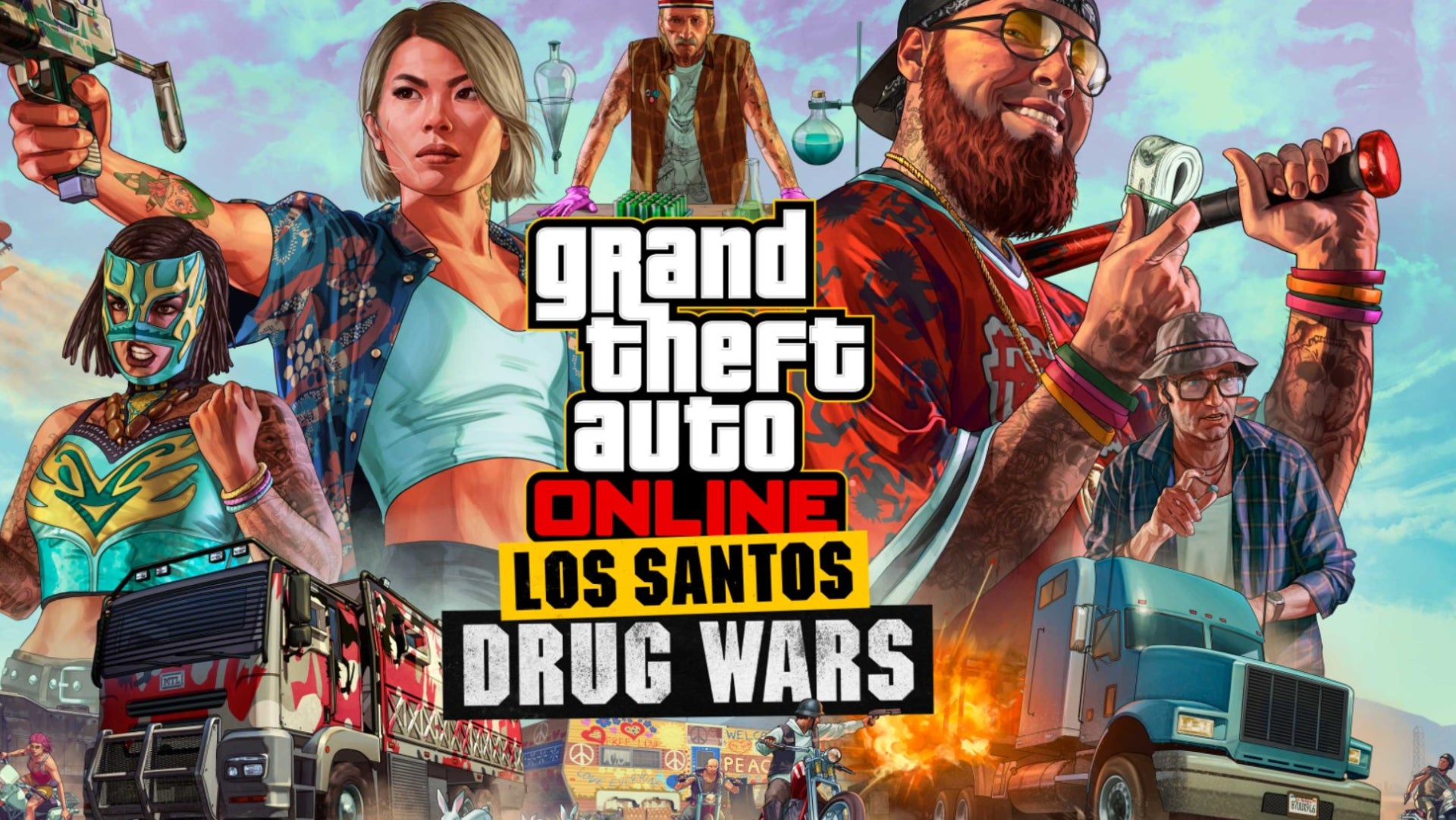 GTA Online, official Rockstar Newswire key art for the Los Santos Drug Wars update. The image features multiple characters and vehicles.