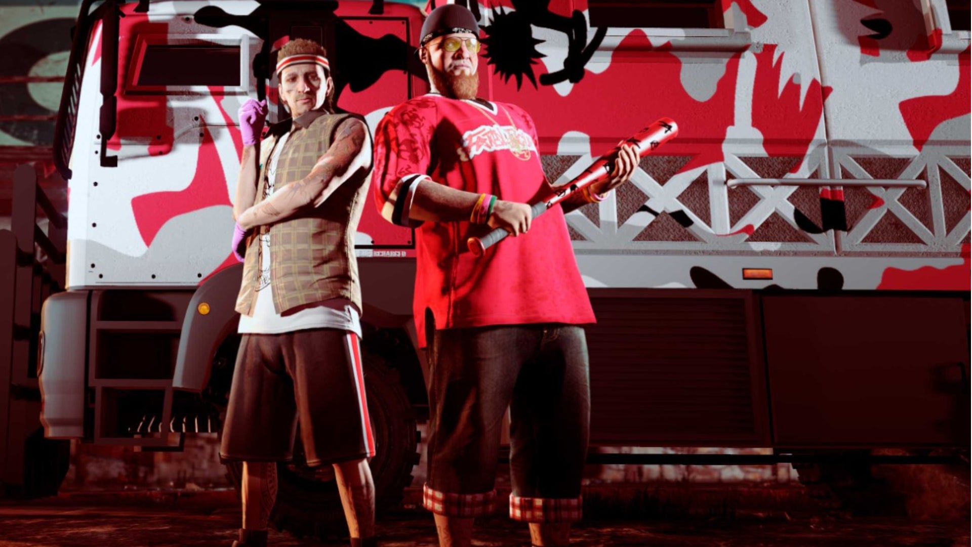 GTA Online, official Los Santos Drug Wars Art of Dax holding a baseball bat standing in front of a large vehicle.