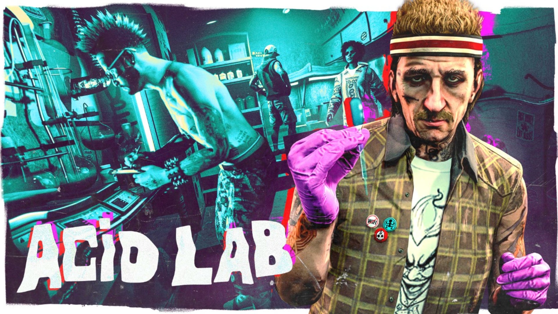 GTA Online, официальная иллюстрация Rockstar Newswire Acid Lab с изображением Матта и Лабрата.