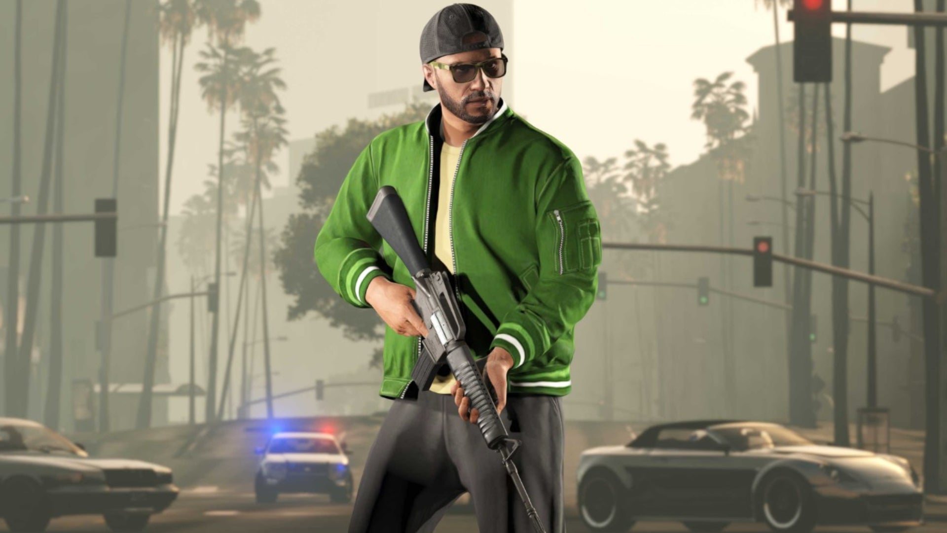GTA Online official Rockstar newswire image of a character in a green jacket holding the new Service Carbine