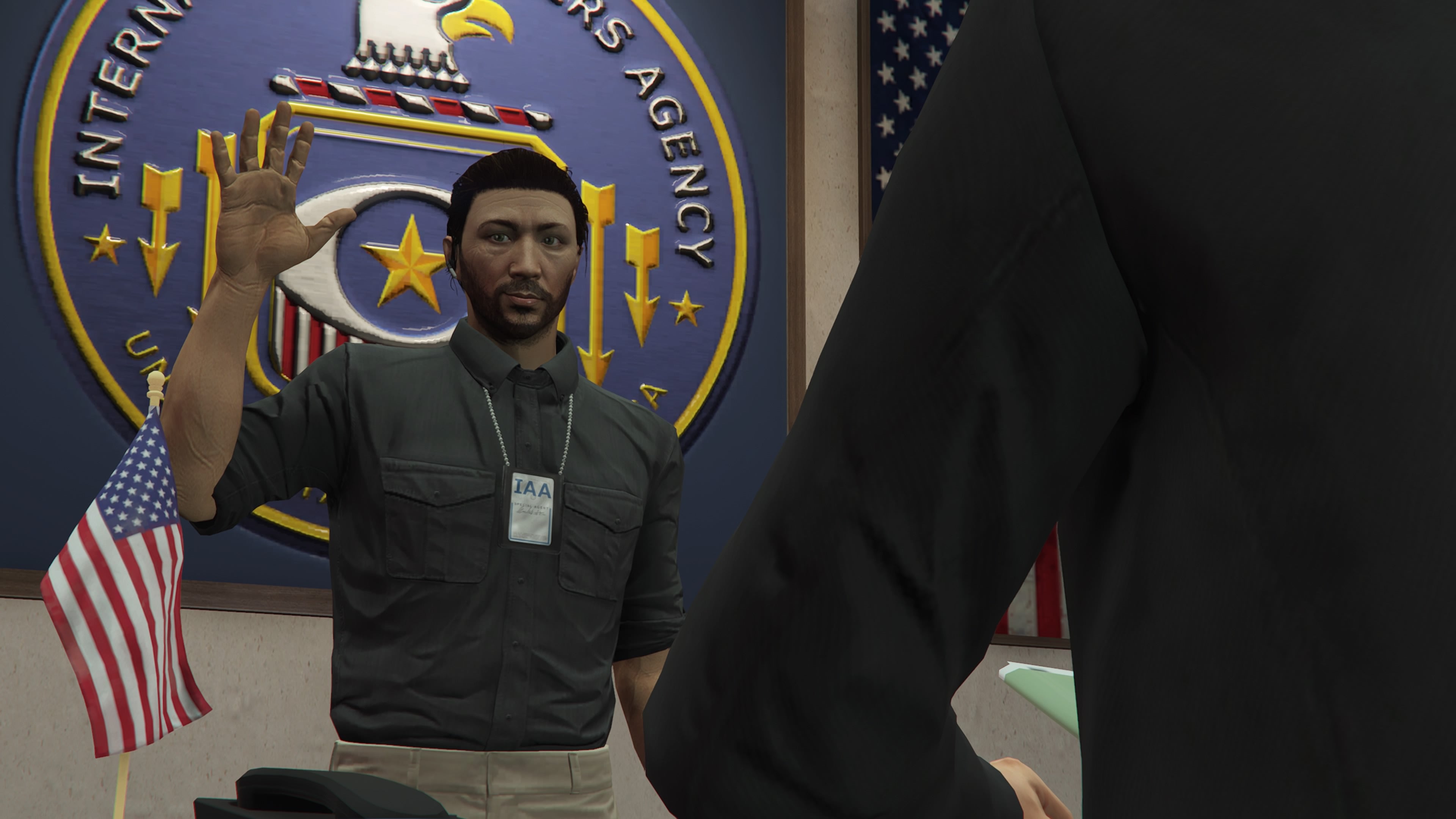 The player swearing allegiance  in the GTA Online USP Intelligence mission