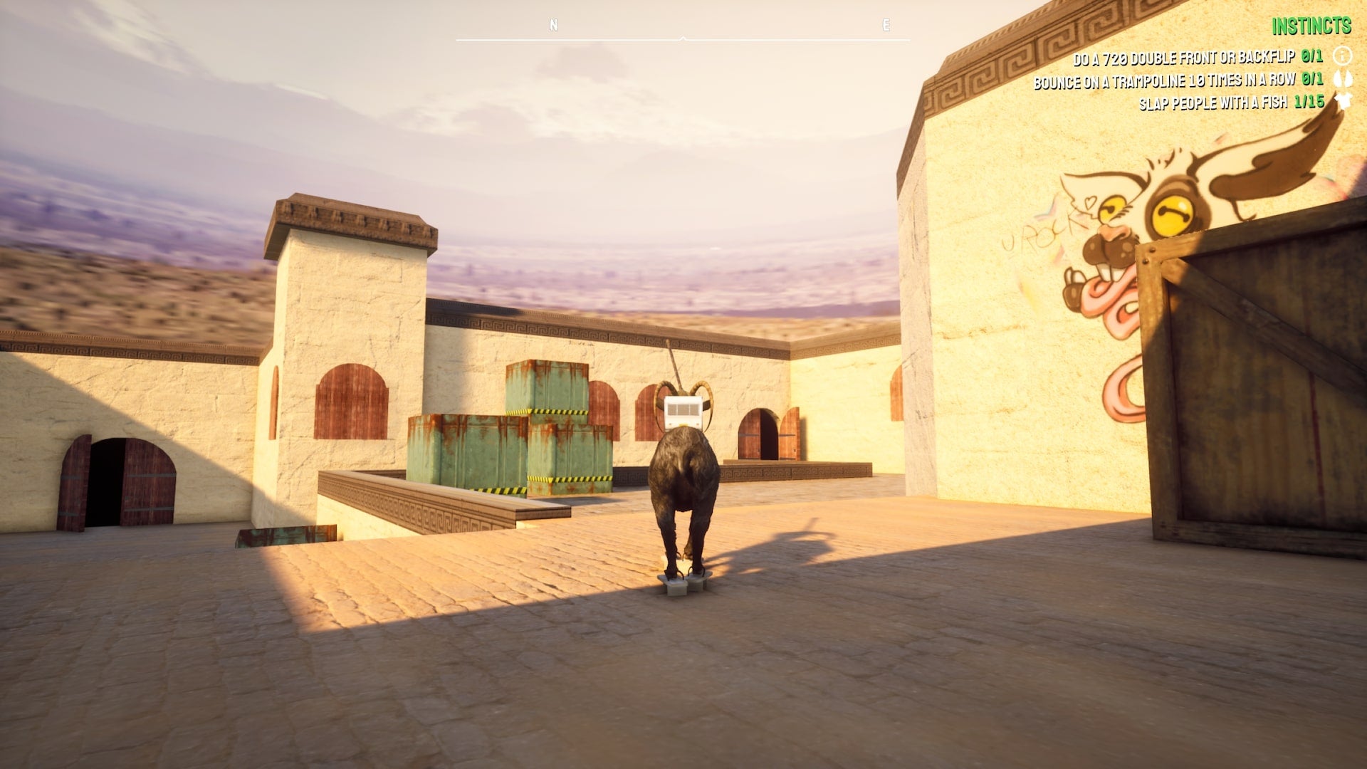 Pilgor finds itself in a level that looks like CS:GO in Goat Simulator 3