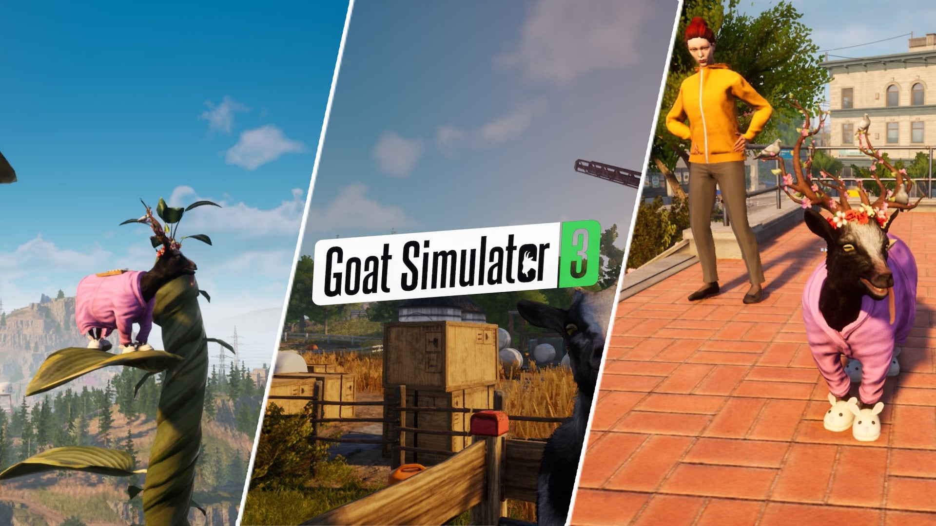 Pilgor is shown atop a beanstalk, being stared down by an NPC, and beside the title card in Goat Simulator 3