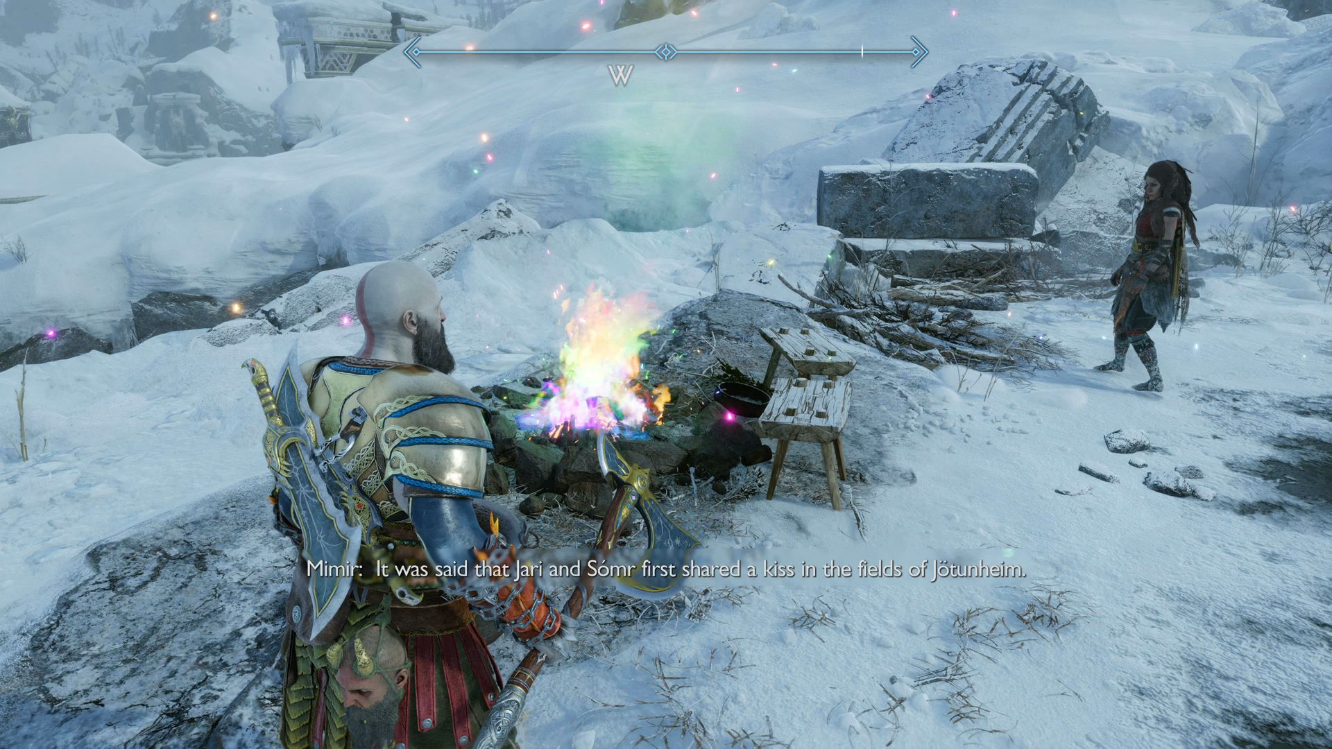 Kratos warming himself at the Eternal Campfire during the Across the Realms quest in God of War Ragnarok