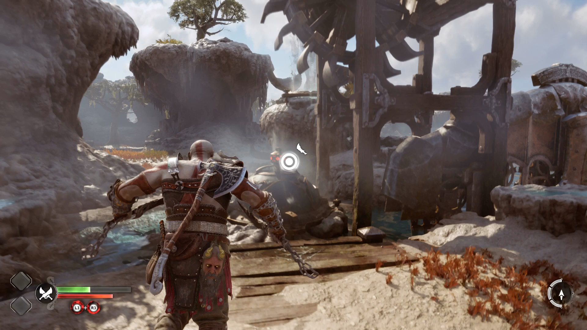 Kratos bursting open a water vent in the Aurvangar Wetlands in God of War Ragnarok