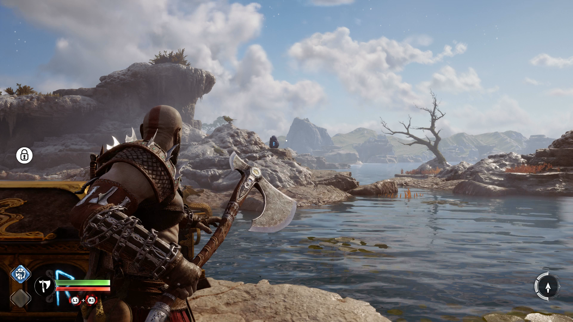Kratos surveying the wilderness in the Aurvangar Wetlands in God of War Ragnarok
