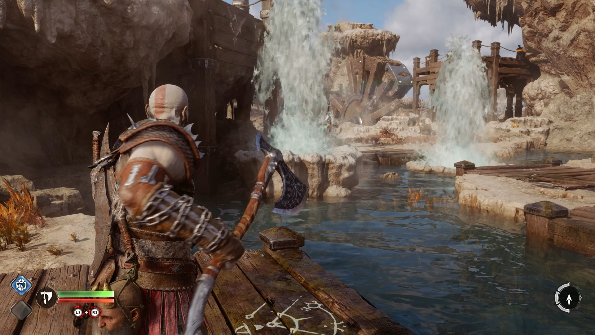 A view of the water vents that need to be capped to solve the water wheel puzzle in God of War Ragnarok
