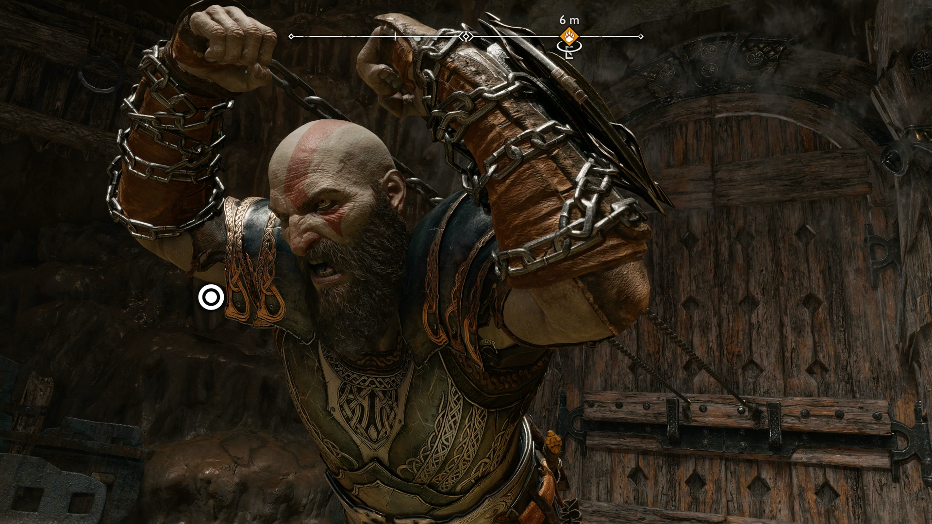 Kratos pulls open a door while wearing Nidavellir's Finest Plackart, one of the best armor sets in God of War Ragnarok