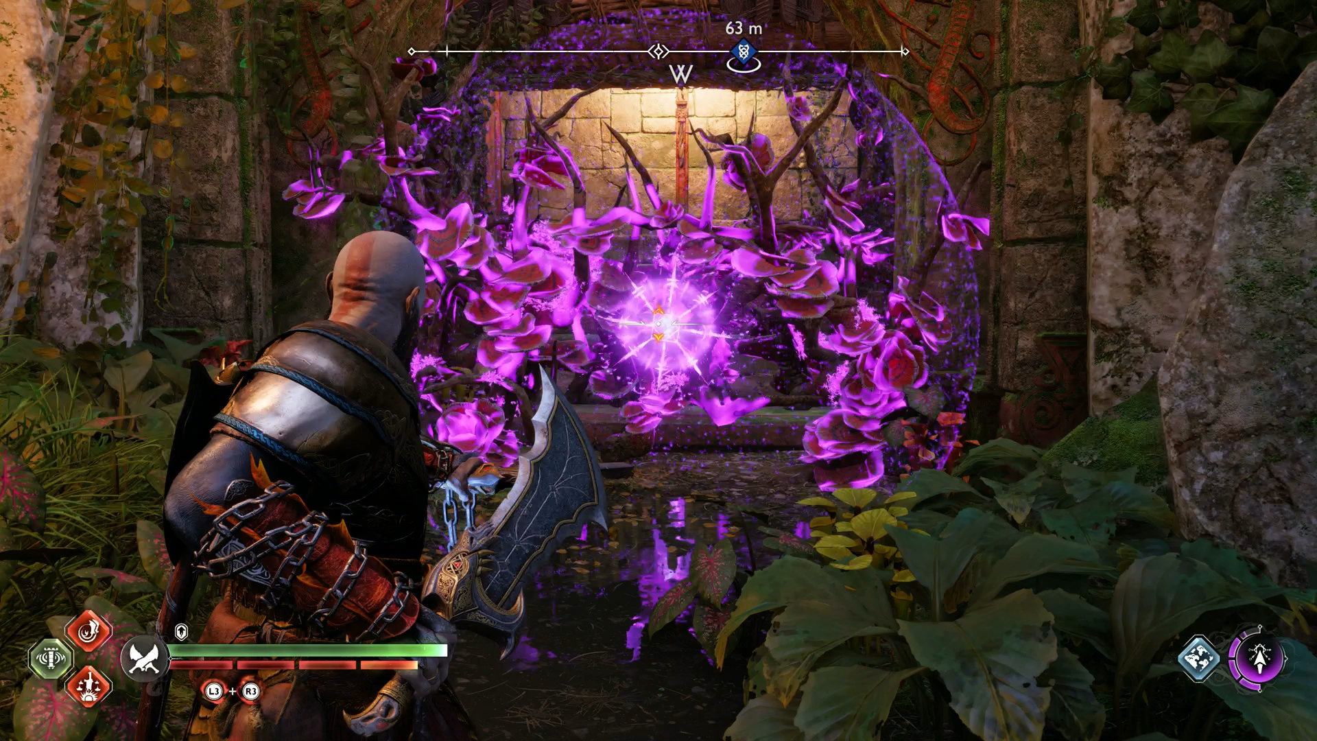 Kratos using a sigil arrow to burn some magical vines in God of War Ragnarok