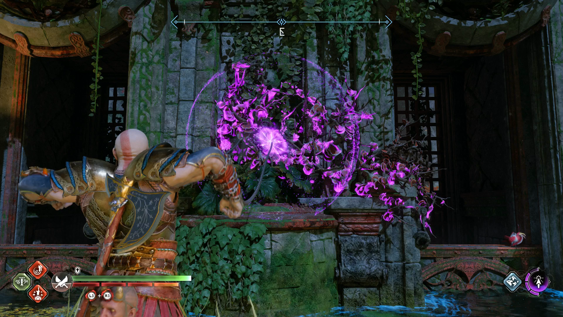 Kratos lighting some magic vines with his Blades of Chaos in God of War Ragnarok