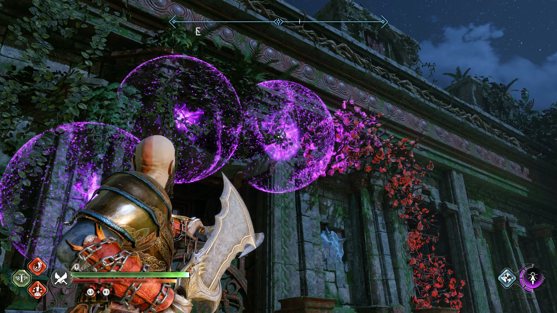 Kratos lighting some hard-to-reach vines in God of War Ragnarok