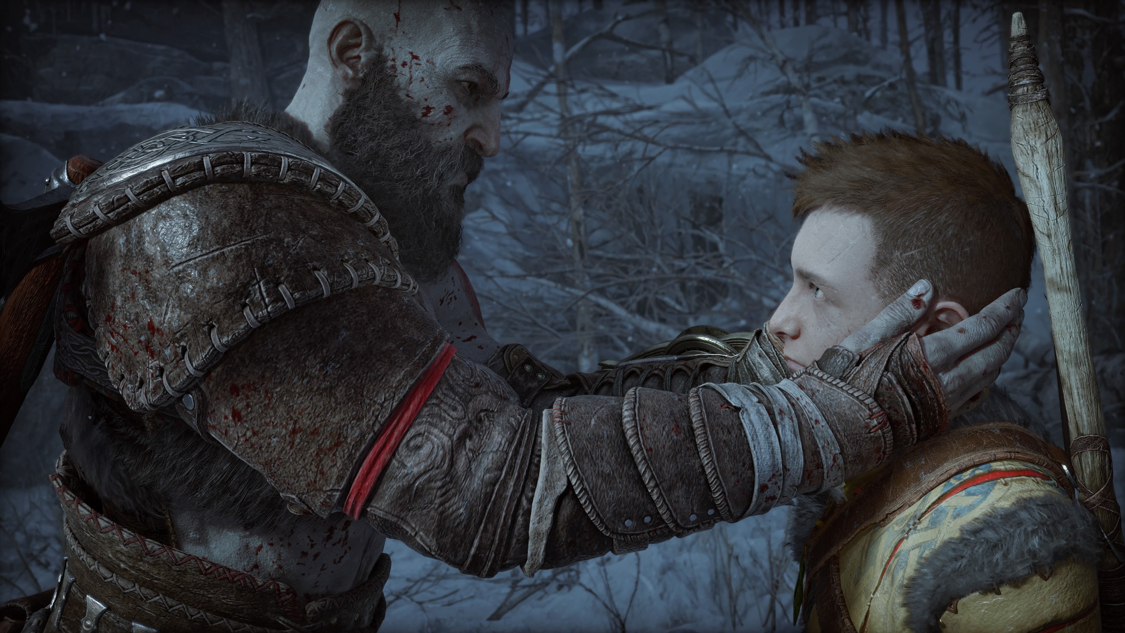 Kratos and Atreus share a quiet moment in God of War Ragnarok