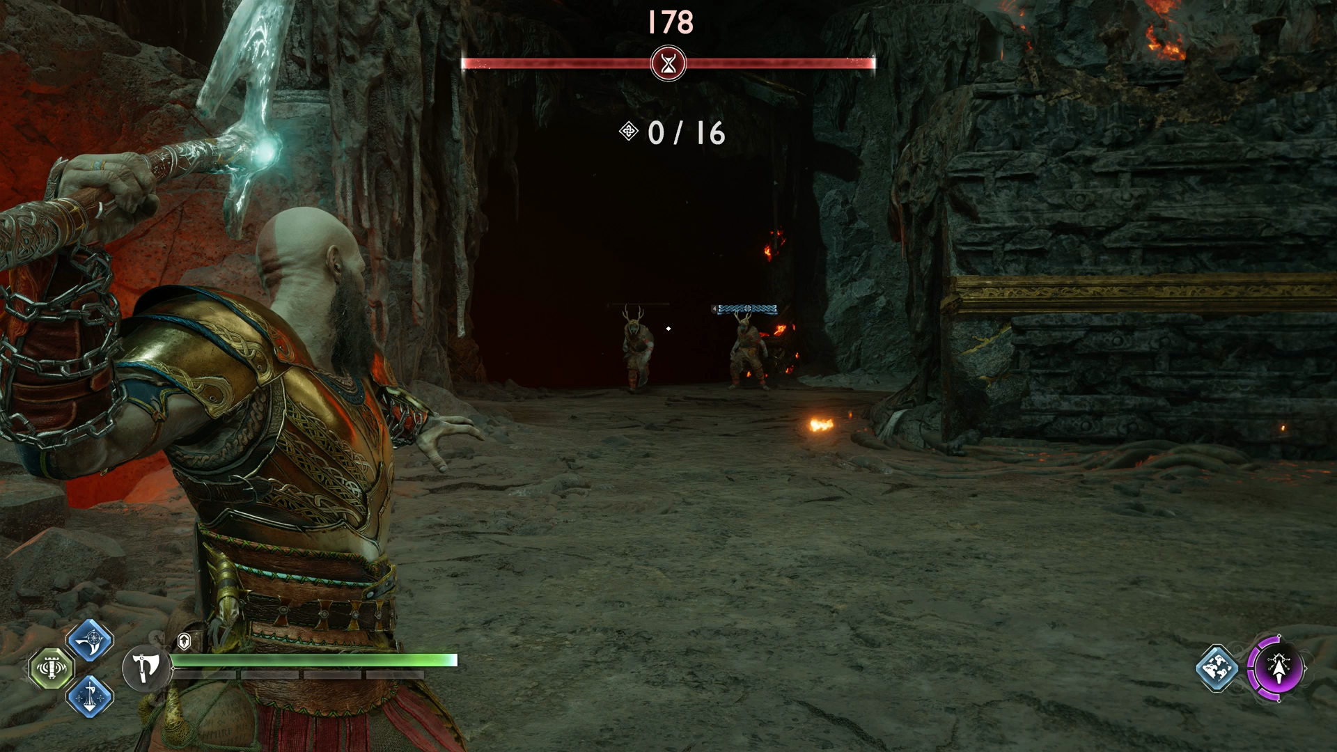 Kratos competing in a Muspelheim combat challenge in God of War Ragnarok