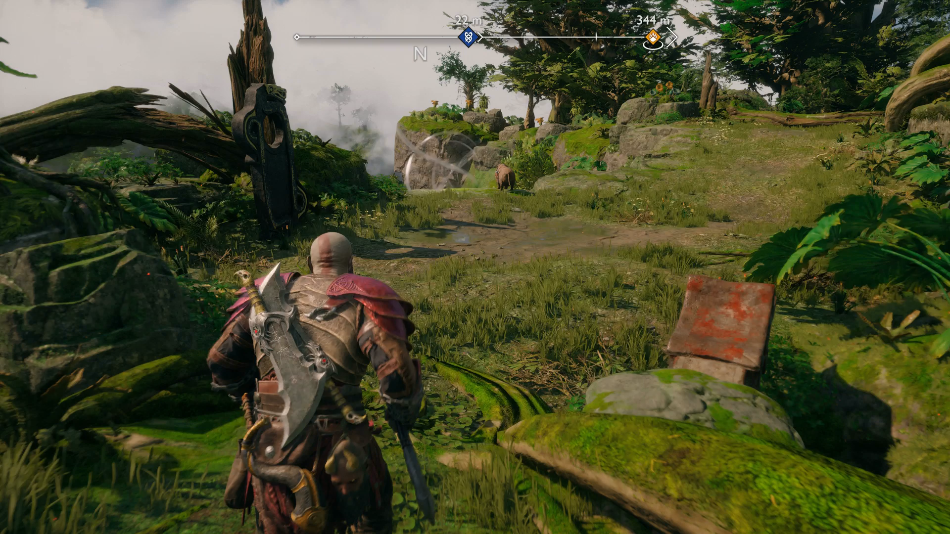 Kratos interacting with the end point of the Scent of Survival quest in God of War Ragnarok