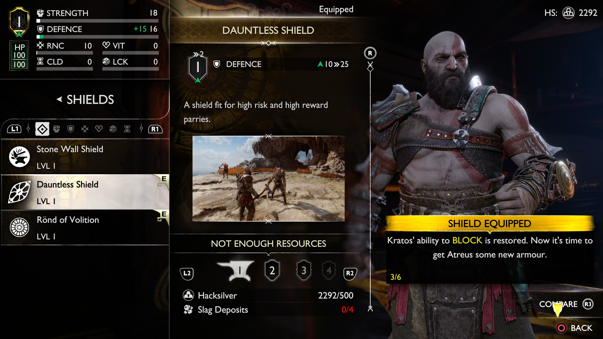The equipment screen of God of War Ragnarok showing the Stone Wall Shield and Dauntless Shield