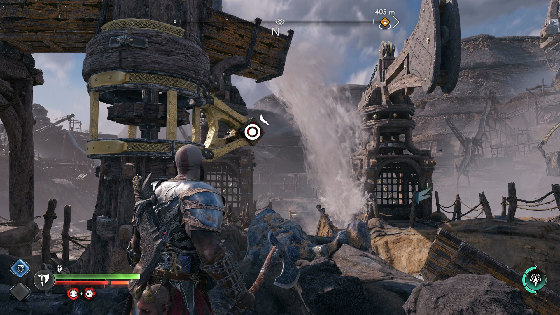 Kratos using his Blades of Chaos to move a crane in God of War Ragnarok