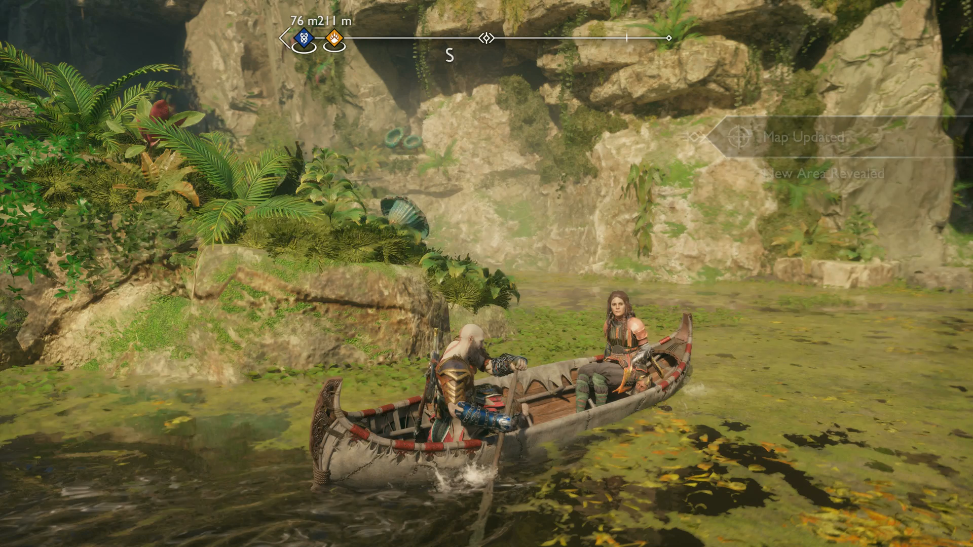 Kratos and Freya rowing a boat towards the Veiled Passage in God of War Ragnarok