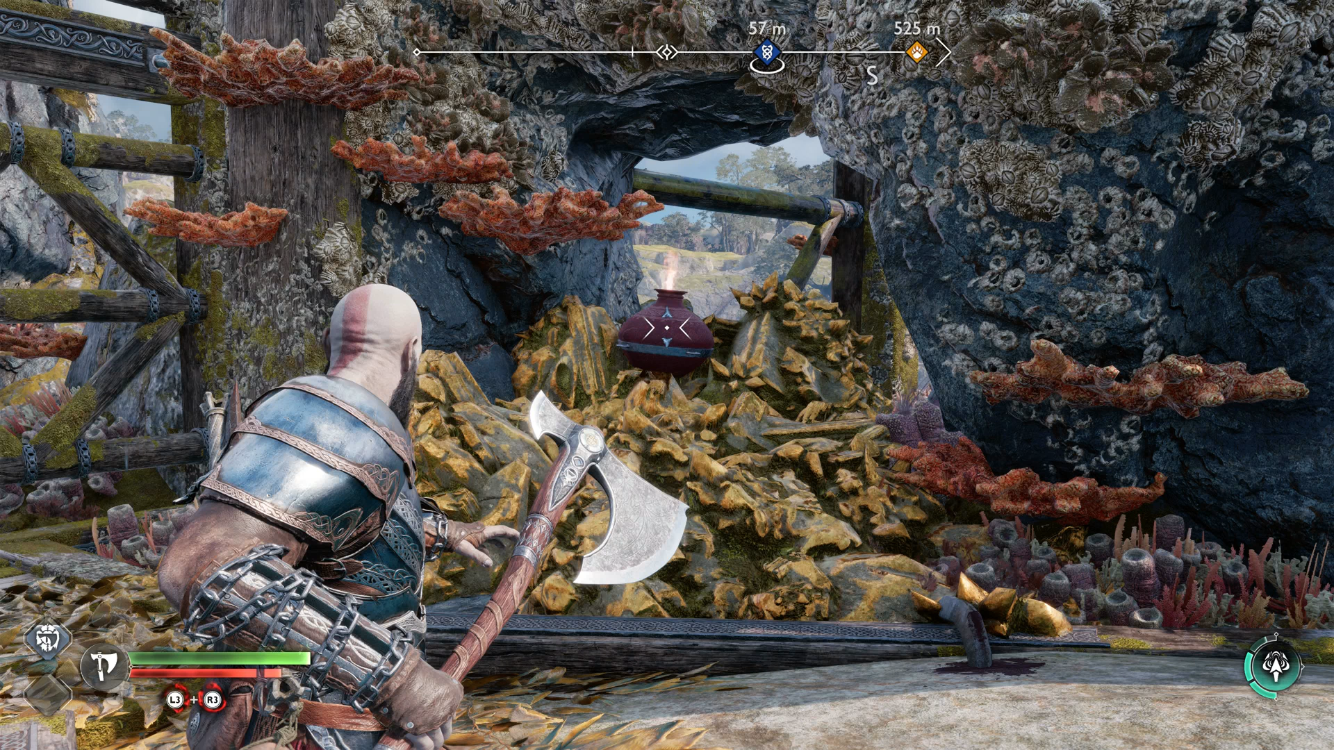 A flaming explosive pot blocking the path to the first chain on Lyngbakr Island in God of War Ragnarok